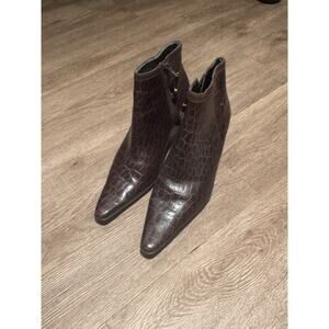 Ralph Lauren Brown Crocodile Embossed Leather Pointed Toe Ankle Bootie Zip